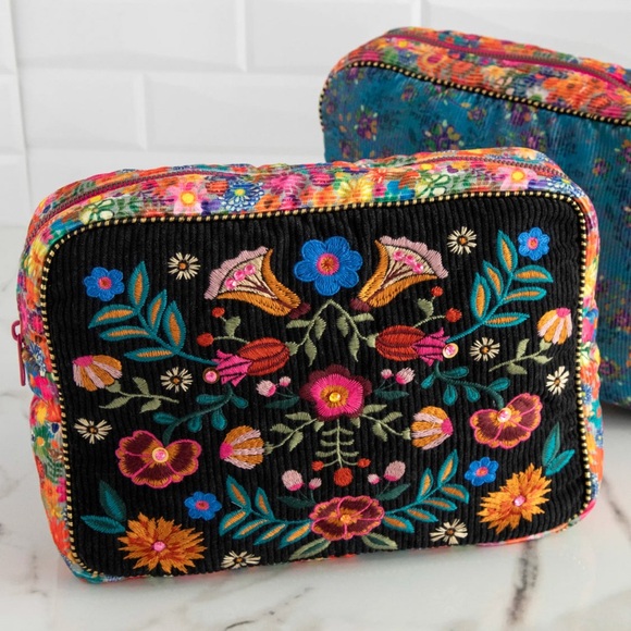 Natural Life Embroidered Corduroy Cosmetic Pouch-Black Folk Flower